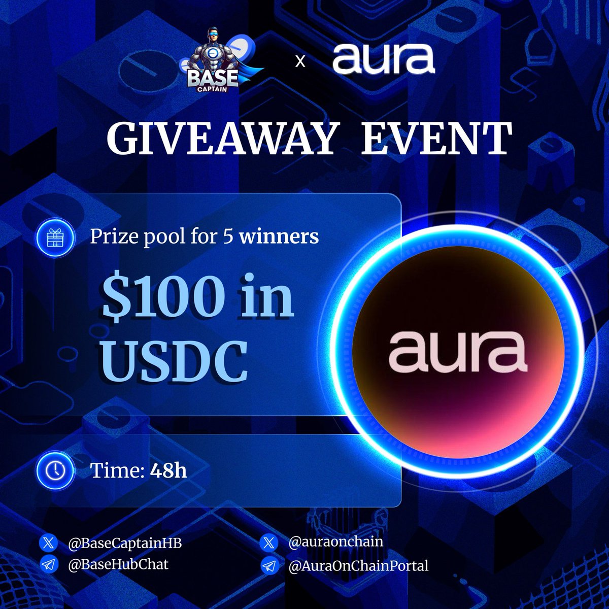 🔊GIVEAWAY EVENT  🤝   
   
🎁 Prize pool for 5 winners   
$100 in $USDC
   
✔️ To Enter:   
1️⃣ Follow <a href="/BaseCaptainHB/">Base Captain</a>  x <a href="/auraonchain/">Aura</a>
2️⃣ ❤️, Repost and Tag 3 friends     
3️⃣ Sign-up app-v1.aura.fun and send the screenshots below 
   
⏰ 48h

$AURA
