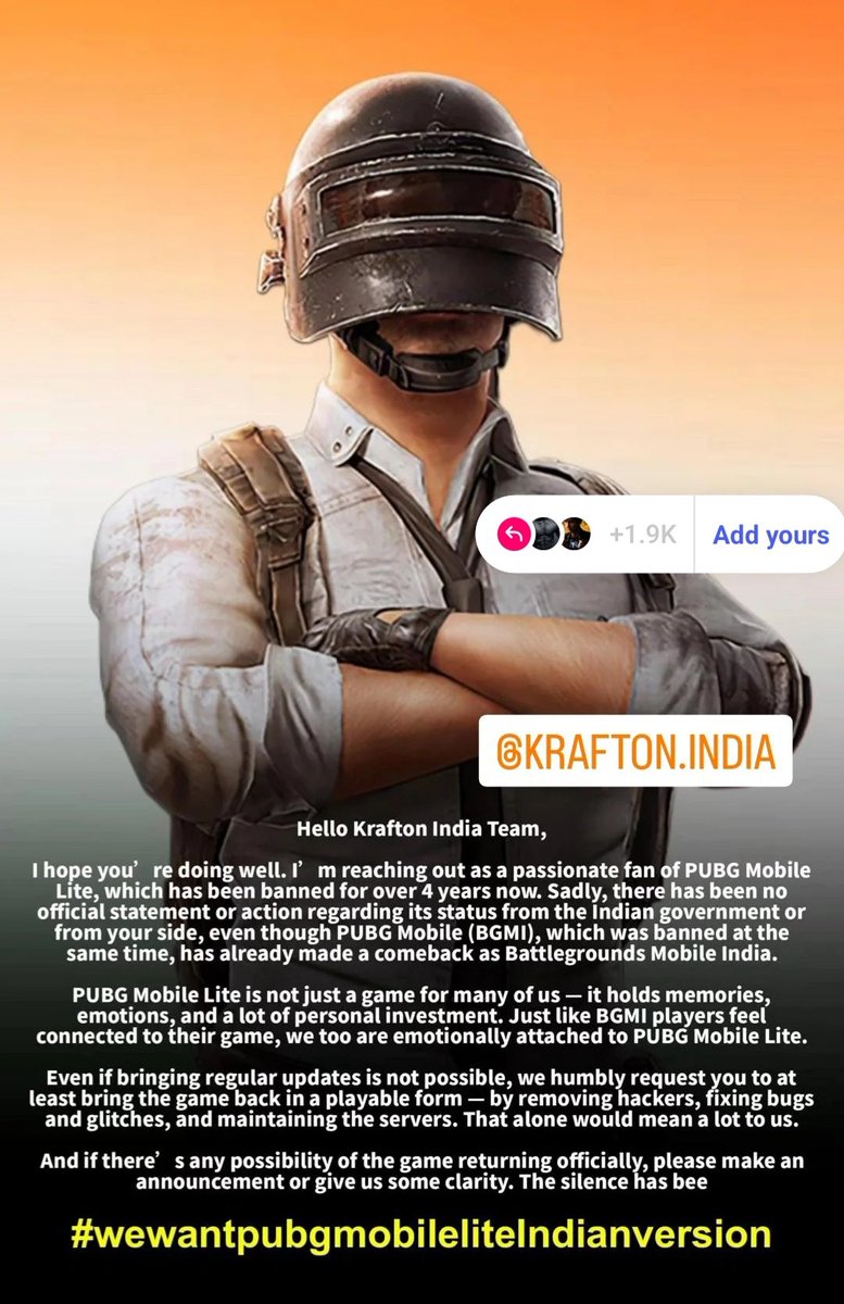 DELTAGURUYT3's tweet image. Dear Krafton. 
We Are From Pubg Mobile Lite Community. We Are Still Waiting For Pubg Mobile Lite Indian Version From 2021 😕. Bgmi Only One In Gaming🇮🇳?? #WeWantPubgMobileLiteIndianVersion @KIEOFFICIAL_ @esports_krafton @hisohn @Anuj_Tandon @TencentGames @letsgrowesports