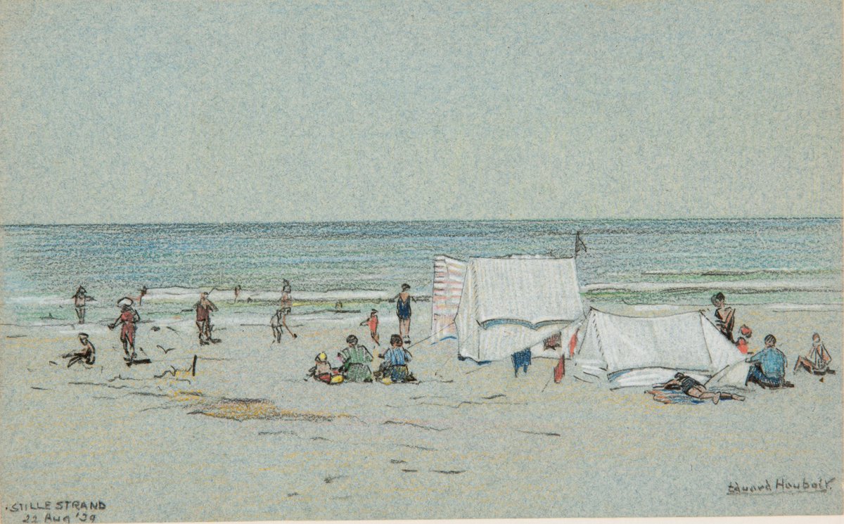 Heerlijk aan zee met eigen tentjes en schermen. Op het 'stille strand' tussen Scheveningen en Kijkduin in de zomer van 1939.

Krijttekening van Eduard Houbolt, collectie Haags Gemeentearchief