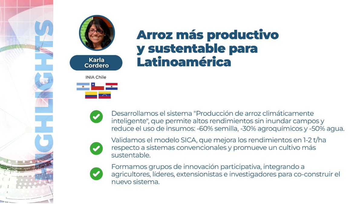 Dra. Karla Cordero Lara de <a href="/iniachile/">INIA Chile</a> presenta highlights del proyecto finalista al premio a la Excelencia <a href="/FontagroLAC/">FONTAGRO</a>: Arroz más productivo y sustentable para Latinoamérica. 
Conoce más en: webstories.fontagro.org/arroz-mas-prod…