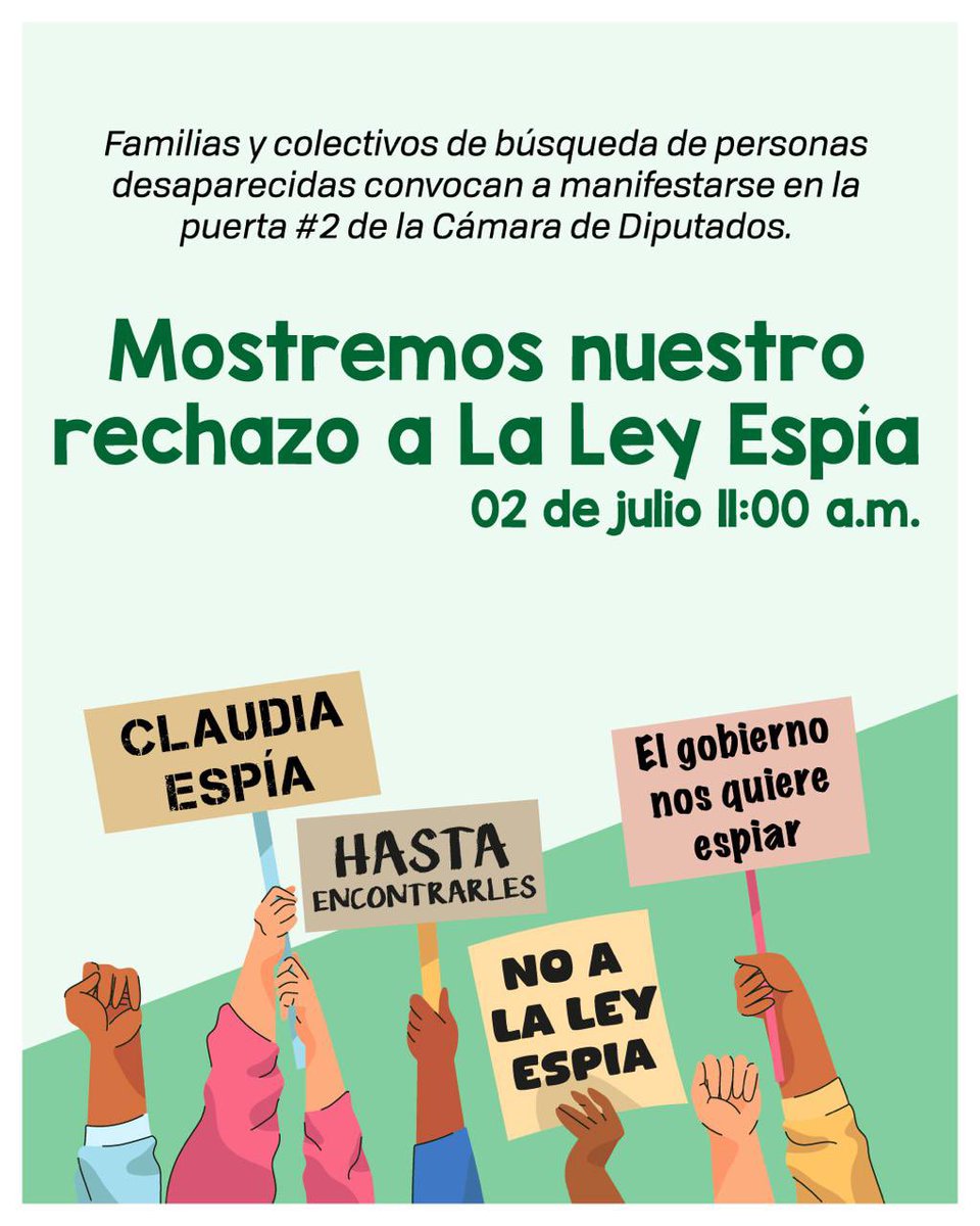 El miércoles 2 de julio a las 11:00a.m. La protesta es en la Puerta 2 de la Cámara de Diputados para mostrar nuestro rechazo a la #LeyEspía que aprobó el Congreso de la Unión en el periodo extraordinario. 

Agradecemos su apoyo en la difusión y acompañándonos.