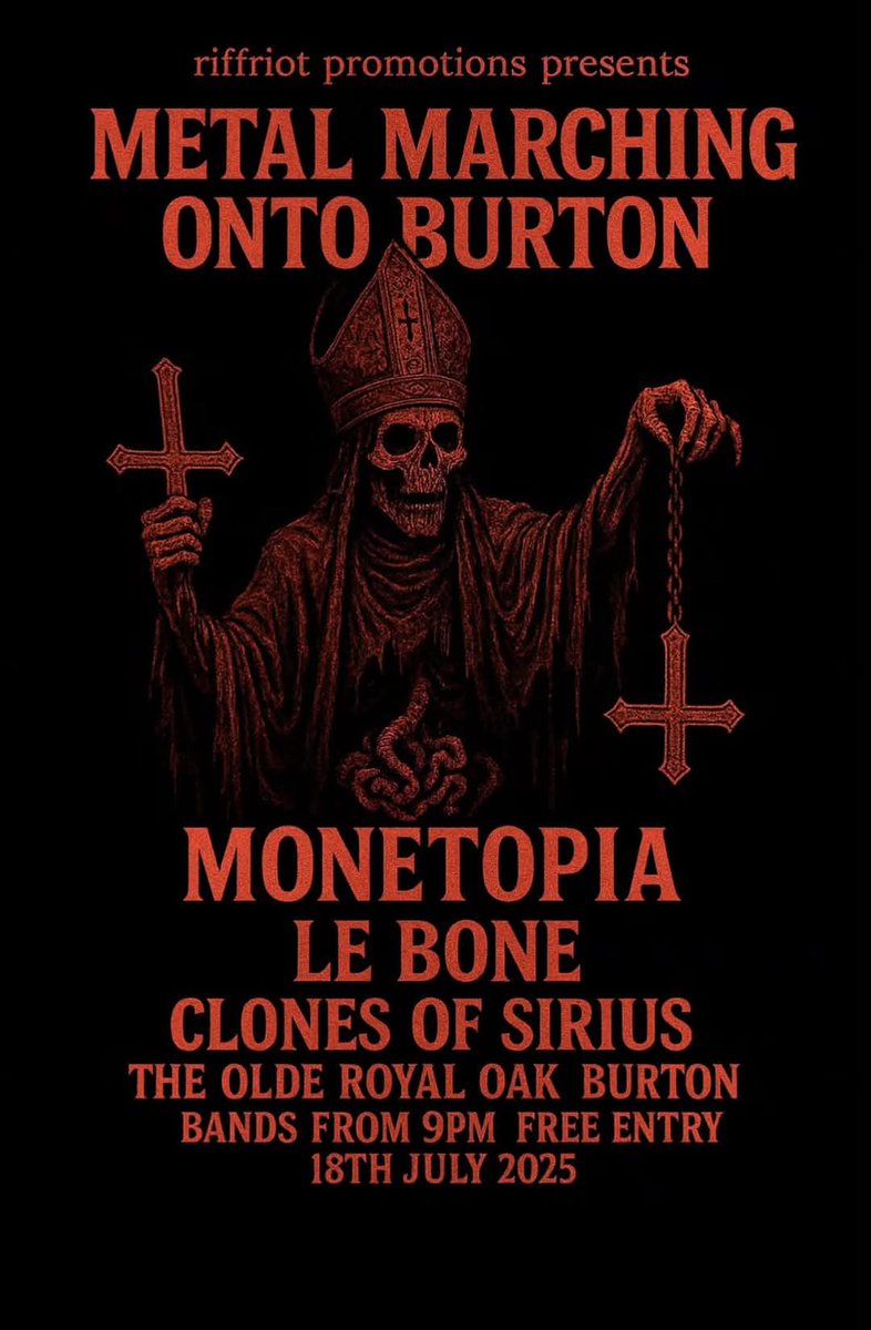 Next up for Monetopia we'll be heading to The Olde Royal Oak Burton to headline riffriot promotions  first gig alongside Le Bone &amp; Clones Of Sirius

This is Friday the 18th of July 

free entry gig so let's be having you 

 #burtonontrent #FreeEntry
