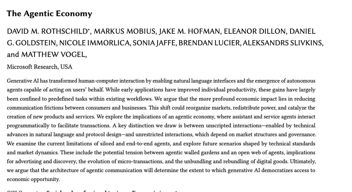 gvrkiran's tweet image. This is an amazing paper about the agentic AI future. AI will move from a productivity booster to a market broker: when assistants bargain for us & service agents respond, search & coordination costs implode
Standards, not algorithms will play a key role
arxiv.org/abs/2505.15799