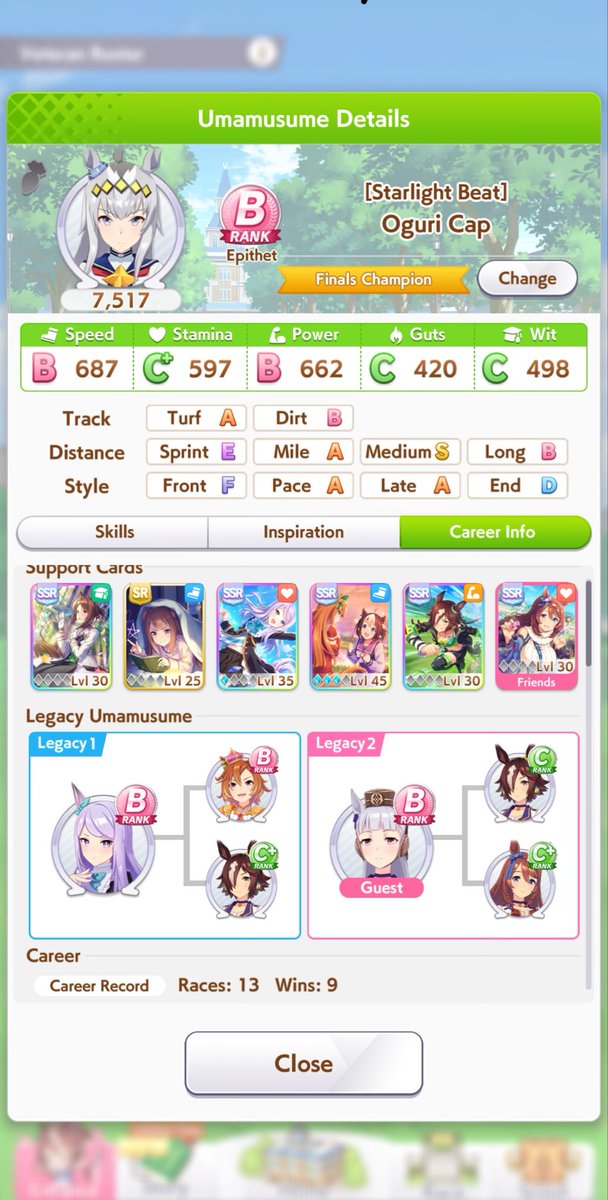 Selvaria's tweet photo. I find it funny, quite funny that the time I finally win with Oguri Cap was the one where i couldn’t train speed for 6-7 turns because she ate too much… before beach training. https://t.co/aihz0j9xCv