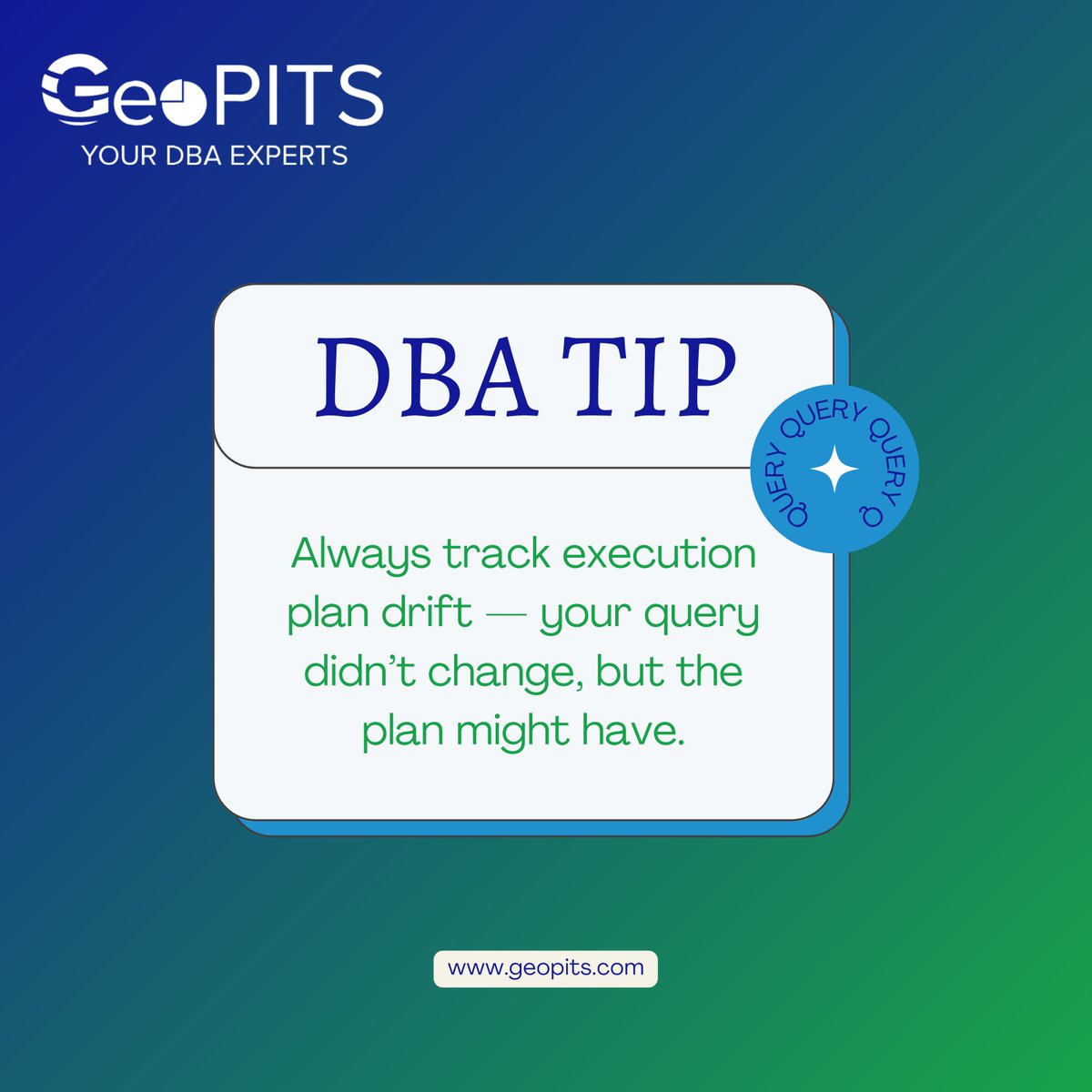 GeoPITS_DBAs's tweet image. Your queries may be fast today and crawl tomorrow — without a single code change.
That’s execution plan drift in action.
Modern DBAs don’t just monitor queries — they monitor the plans behind them.

#DBATips #ExecutionPlanDrift #QueryPerformance #DatabaseOptimization #GeoPITS
