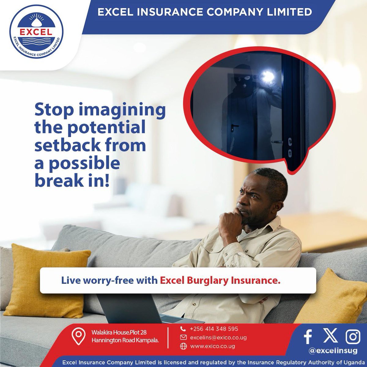 excelinsug_'s tweet image. Tired of imagining the worst “What if someone breaks in?” Stop letting those thoughts steal your peace. Protect your home, office, or business with Excel #BurglaryInsurance, so you can focus on living, not worrying.
Find us at Walakira House, Plot 28 Hannington Road Kampala.
