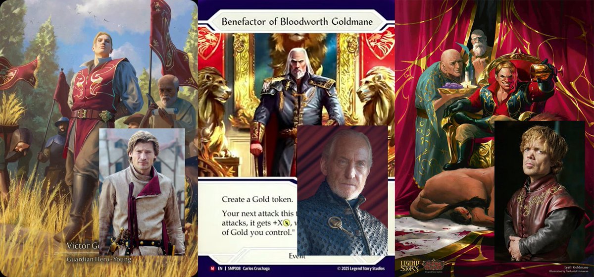 sulphvg's tweet image. Are the Goldmanes a nod to the Lannisters?

Both families share a gold lion theme.

Jaime initially did have an arrogant feel; Same feel w/ Victor&apos;s punchable face.

Tyrion known for his wit; while Lyath has the highest intellect so far. They also both have dwarfism.

#fabtcg
