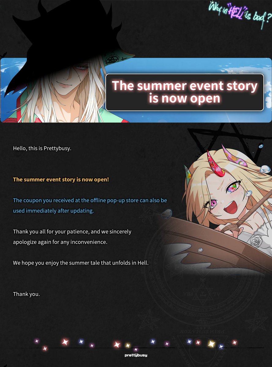 Prettybusy_KR's tweet photo. 🌞The summer event story is now open!🏖️
🌞¡La historia de evento de verano está disponible!🏖️

#Whatinhellisbad? #WHB https://t.co/e8CHC7Y2b8