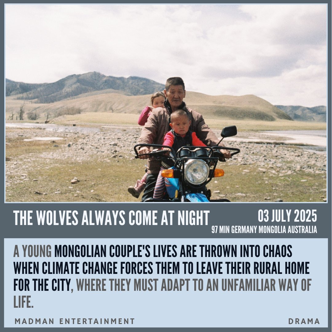 A young Mongolian couple's lives are thrown into chaos when climate change forces them to leave their rural home for the city, where they must adapt to an unfamiliar way of life.
filmq.com.au/movie/shrouds-…

#filmQ #TheWolvesAlwaysComeatNight #MadmanEntertainment <a href="/MadmanFilms/">Madman Films</a>