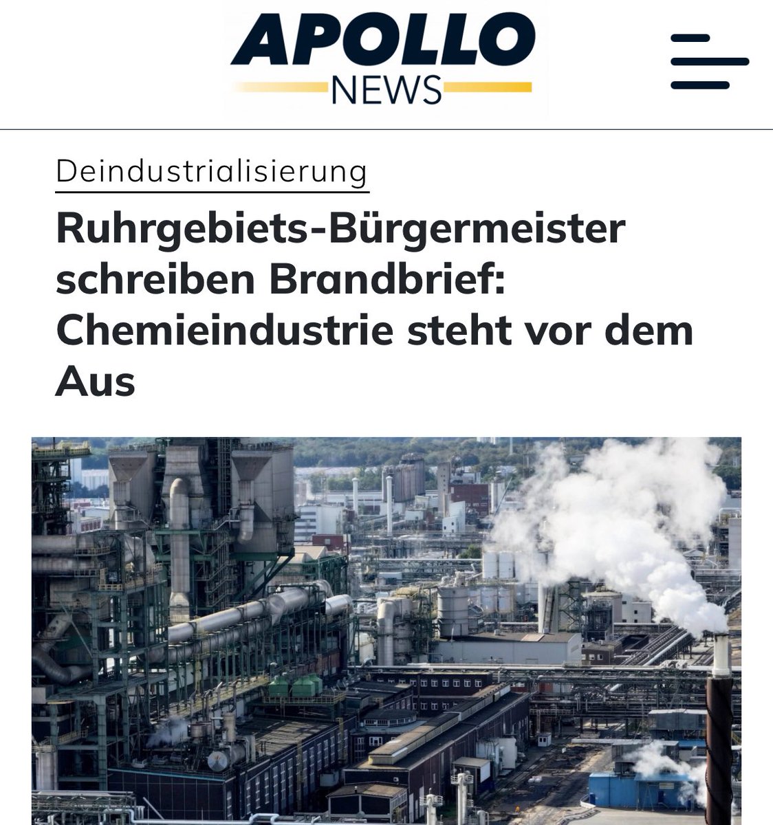 In einem Brandbrief an das Wirtschaftsministerium erklären Bürgermeister im Ruhrgebiet: Die Chemieindustrie steht vor dem Aus.

Sie geben darin Aussagen des Standortleiters des Chemieparks Marl wieder, der jüngst erklärt habe, „dass derzeit keine der Anlagen im Chemiepark zu mehr