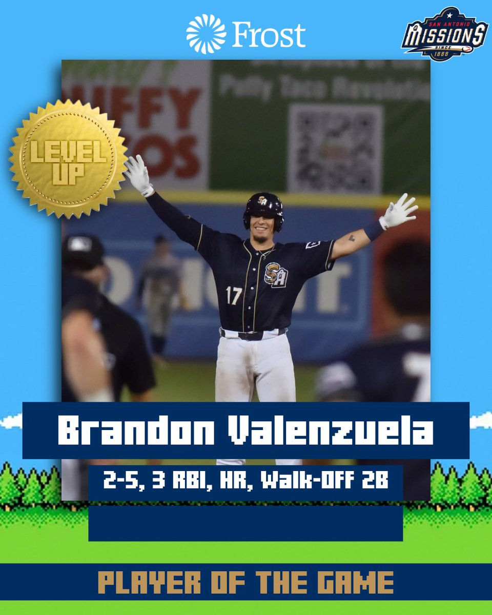 San Antonio Missions Baseball (@missionsmilb) on Twitter photo Is it even a question?! Brandon Valenzuela knocked his FOURTH walk-off hit of the season in addition to his 11th homer earlier in the game, making him the clear <a href="/FrostBank/">Frost Bank</a> Player of the Game! #Padres Is it even a question?! Brandon Valenzuela knocked his FOURTH walk-off hit of the season in addition to his 11th homer earlier in the game, making him the clear <a href="/FrostBank/">Frost Bank</a> Player of the Game! #Padres