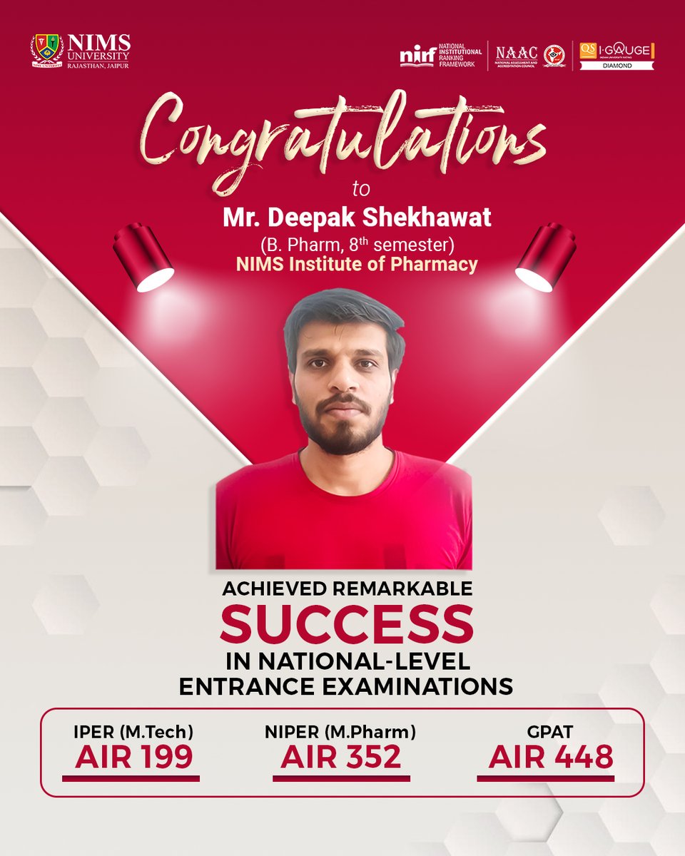 Congratulations to Deepak Shekhawat, B. Pharm (8th Semester), NIMS Institute of Pharmacy, for achieving remarkable success in national-level entrance examinations. 
🏆 IPER (M.Tech): AIR 199
🏆 NIPER (M.Pharm): AIR 352
🏆 GPAT: AIR 448
Your dedication and hard