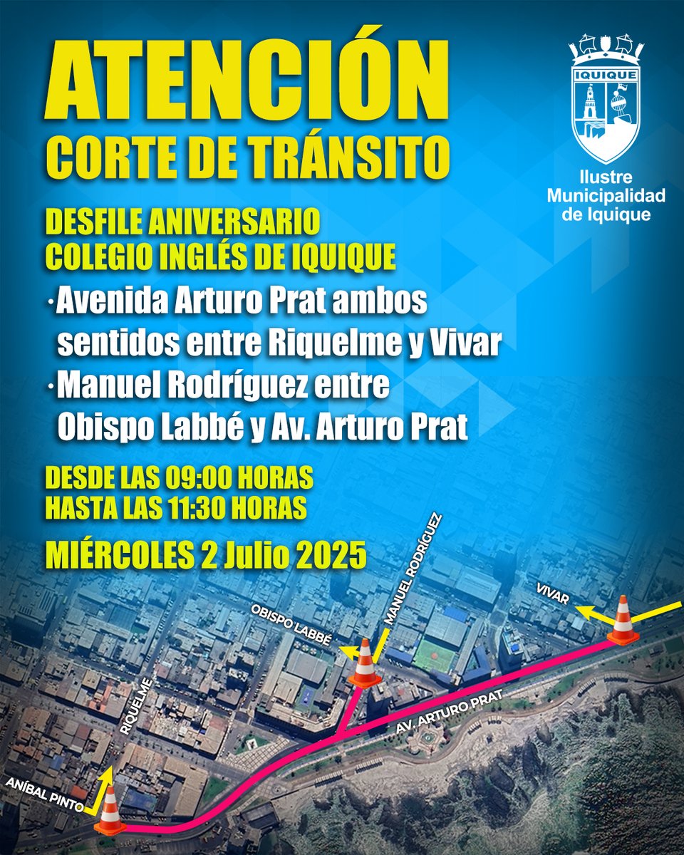 Municipalidad de Iquique (@iquiquedetodos) on Twitter photo 📢: DESFILE DE COLEGIO INGLÉS GENERARÁ CORTE DE TRÁNSITO EN AV. PRAT
<a href="/IquiqueDeTodos/">Municipalidad de Iquique</a> INFORMA que, por 140° Aniversario del COLEGIO INGLÉS, habrá un CORTE DE TRÁNSITO en Av. ARTURO PRAT este MIÉRCOLES 2 DE JULIO…
TRANSITE CON PRECAUCIÓN y TOME VÍAS ALTERNATIVAS...
#Iquique 📢: DESFILE DE COLEGIO INGLÉS GENERARÁ CORTE DE TRÁNSITO EN AV. PRAT
<a href="/IquiqueDeTodos/">Municipalidad de Iquique</a> INFORMA que, por 140° Aniversario del COLEGIO INGLÉS, habrá un CORTE DE TRÁNSITO en Av. ARTURO PRAT este MIÉRCOLES 2 DE JULIO…
TRANSITE CON PRECAUCIÓN y TOME VÍAS ALTERNATIVAS...
#Iquique