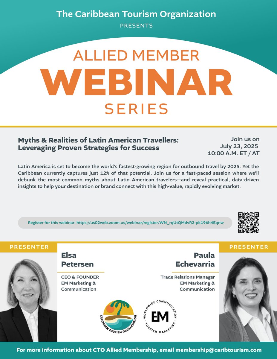 Are you a tourism professional focused on Latin American markets? Then, join us at the CTO Allied Member webinar, "Myths &amp; Realities of Latin American Travellers," on July 23 at 10 AM ET/AT. Gain insights from EM Marketing &amp; Communications on how to connect with this rapidly