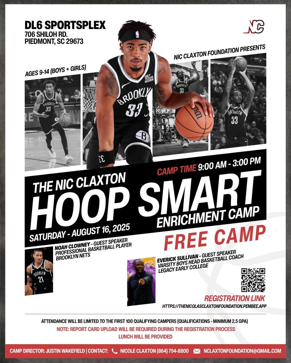 lec_hoops's tweet image. Don’t Miss Out on a Great Opportunity! The Nic Claxton Hoop Smart Enrichment Camp - an incredible chance to train with one of the NBA’s rising stars. Learn skills, improve your game, and have fun in a high-energy environment!
Spots are limited, secure yours today!