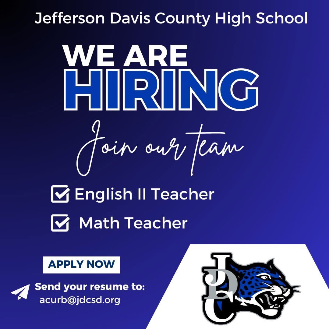 Jeff. Davis County HS (@jdchs_jags) on Twitter photo Join our team and make a difference! We’re hiring passionate educators and staff to inspire the next generation. Send your resume to acurb@jdcsd.org Join our team and make a difference! We’re hiring passionate educators and staff to inspire the next generation. Send your resume to acurb@jdcsd.org
