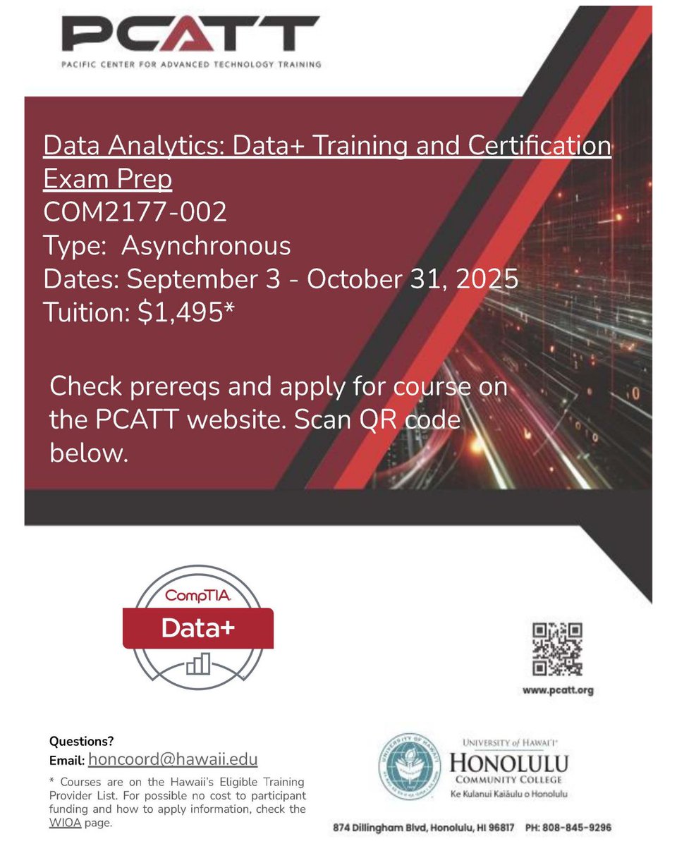 Transform data into insights! ✨ Enroll in PCATT's Asynchronous Data Analytics: Data+ Training (Sept 3 - Oct 31, 2025). Gain in-demand skills &amp; prep for certification!  Use QR code in post for more details.  #DataSkills  #OnlineLearning #PCATT #TechTraining