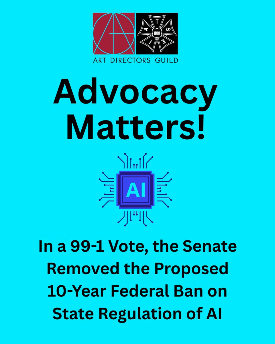 Thanks to all #ADG800 and #IATSE  members, friends and allies for your advocacy. Many other parts of the today's news from the Senate was a disaster, but your collective action helped stopped a piece of the budget bill that would have undermined our members and the greater