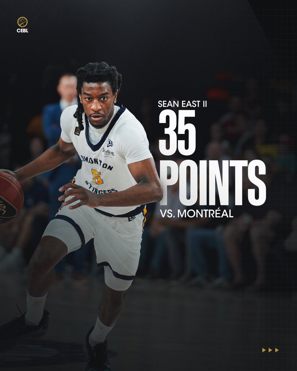 CEBLeague's tweet photo. East’s epic night ✨ 

Sean East II stellar performance secures the win for the @ED_Stingers 💪

📺 Watch more on CEBL+ powered by @tonybet_canada - https://t.co/NVk3EPxzUF

#PullUp | #CEBLSeasonVII | #MTLvsEDM https://t.co/bJalE2EVCi