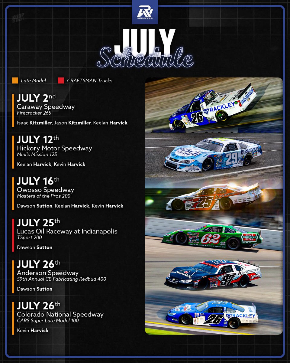 Rackley W.A.R. (@rackley_war) on Twitter photo We’re in the midst of summer months 🔥 Here’s where you can find our drivers in July.
<a href="/KeelanHarvick/">Keelan Harvick</a> , <a href="/IsaacKitzmiller/">isaacitzmillerracing</a>, and Jason Kitzmiller will get it started off tomorrow night at Caraway Speedway. We’re in the midst of summer months 🔥 Here’s where you can find our drivers in July.
<a href="/KeelanHarvick/">Keelan Harvick</a> , <a href="/IsaacKitzmiller/">isaacitzmillerracing</a>, and Jason Kitzmiller will get it started off tomorrow night at Caraway Speedway.