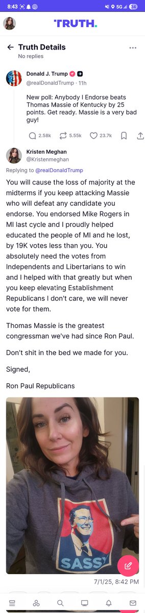 Kristen Meghan👩🔬🐻 (@kristenmeghan) on Twitter photo I'm not cult member and I will easily call out this BS Trump is pulling. You'll lose the midterms, I called this out immediately after Trump's first attack on <a href="/RepThomasMassie/">Thomas Massie</a> this term.
Wake up and start calling this out if you want to keep the majority. I'm not cult member and I will easily call out this BS Trump is pulling. You'll lose the midterms, I called this out immediately after Trump's first attack on <a href="/RepThomasMassie/">Thomas Massie</a> this term.
Wake up and start calling this out if you want to keep the majority.