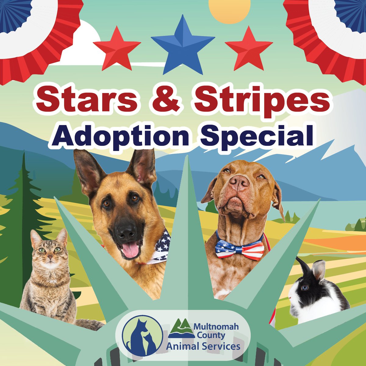 Adopt your star companion during the ⭐ Stars &amp; Stripes Adoption Special 🗽 in July. Adopt dogs and puppies for $25, cats and kittens for $15, and small pets for $5. License fees and long-term costs and commitments apply! multcopets.org/news/stars-str…

#StarsandStripesAdoptionSpecial
