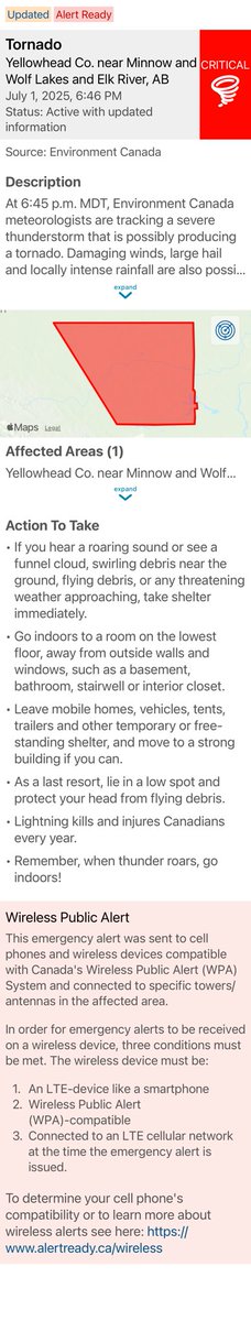 Shared: Tornado Alert - Yellowhead Co. near Minnow and Wolf Lakes and Elk River, AB alberta.ca/emergencyalert