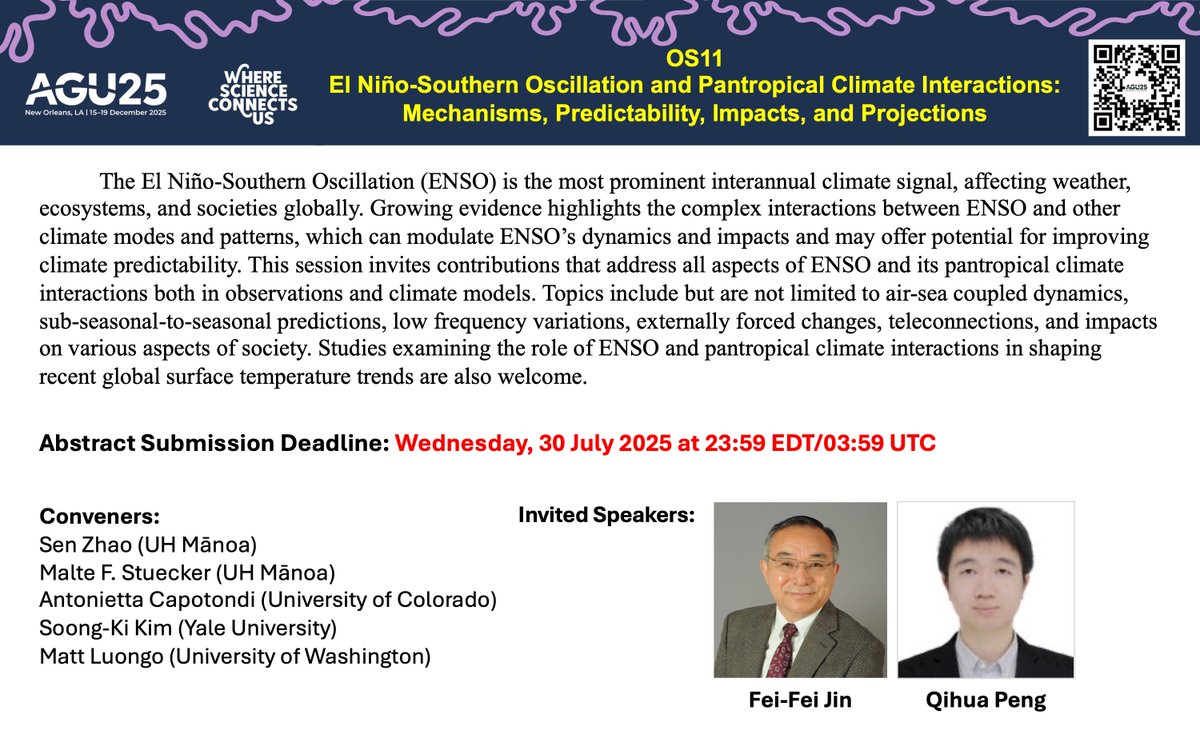 Sen Zhao (@senclimate) on Twitter photo Please consider submitting an abstract to our AGU25 session OS011: El Niño-Southern Oscillation and Pantropical Climate Interactions: Mechanisms, Predictability, Impacts, and Projections.
We are thrilled to have Fei-Fei Jin and <a href="/generalpeng1/">Qihua Peng (Postdoc at UCSD)</a> as our invited speakers! Please consider submitting an abstract to our AGU25 session OS011: El Niño-Southern Oscillation and Pantropical Climate Interactions: Mechanisms, Predictability, Impacts, and Projections.
We are thrilled to have Fei-Fei Jin and <a href="/generalpeng1/">Qihua Peng (Postdoc at UCSD)</a> as our invited speakers!