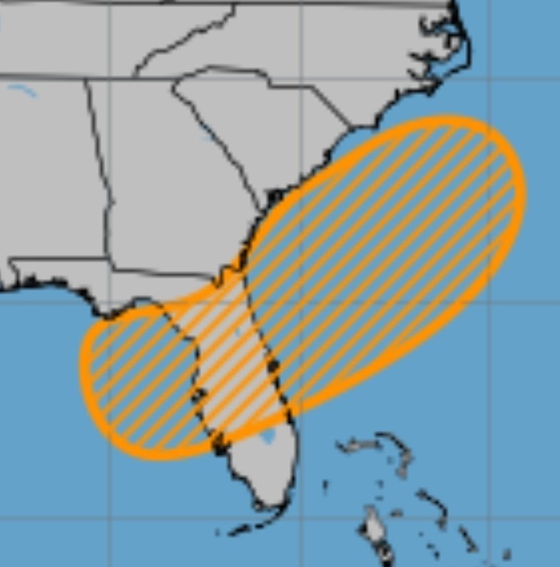 9 p.m. Tuesday, July 1, 2025
We now have orange, an increase 🔼 to a 40% 🍊 chance of development.🌀 From the NHC: An area of low pressure could develop near the southeast U.S. Atlantic or Gulf coasts over the weekend along a weakening front. Stay tuned. 👀🌀
