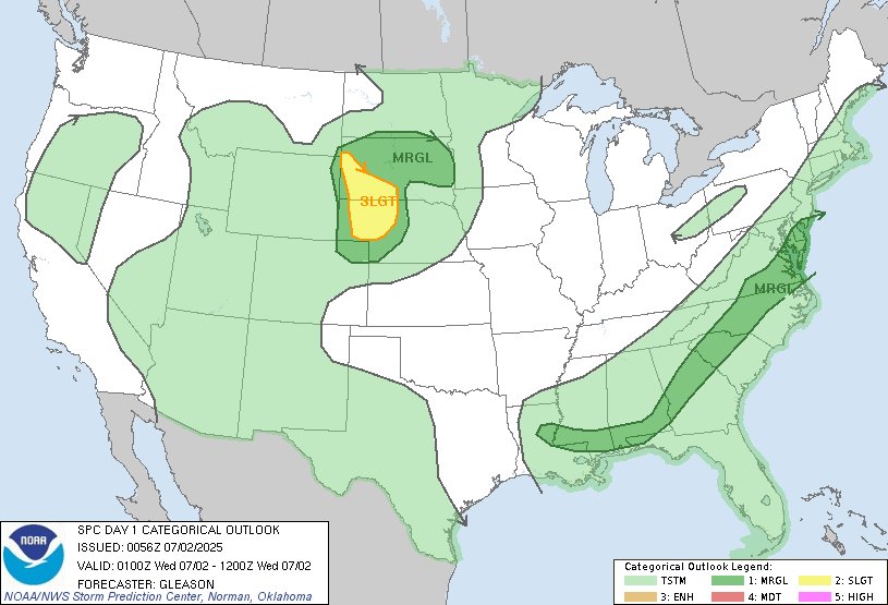 NWSSPC's tweet image. 7:58pm CDT #SPC Day1 Outlook Slight Risk: across parts of the northern/central Plains spc.noaa.gov/products/outlo…