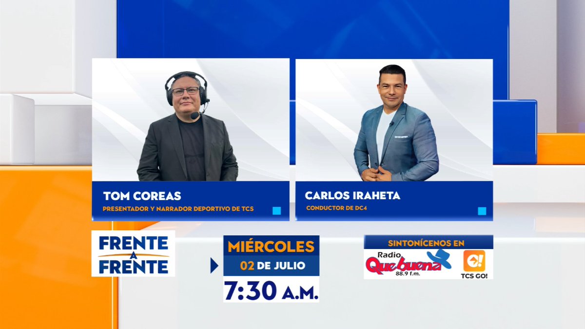 En la segunda parte de mañana, miércoles 2 de julio de 2025, nos acompañarán Tom Coreas y Carlos Iraheta, presentadores y narradores deportivos de Telecorporación Salvadoreña. 
  
Sintonícenos a las 7:30 a.m. por Canales 2 y 4 de TCS 📺, Radio Que Buena 📻, TCS Go! y RR. SS. 📲