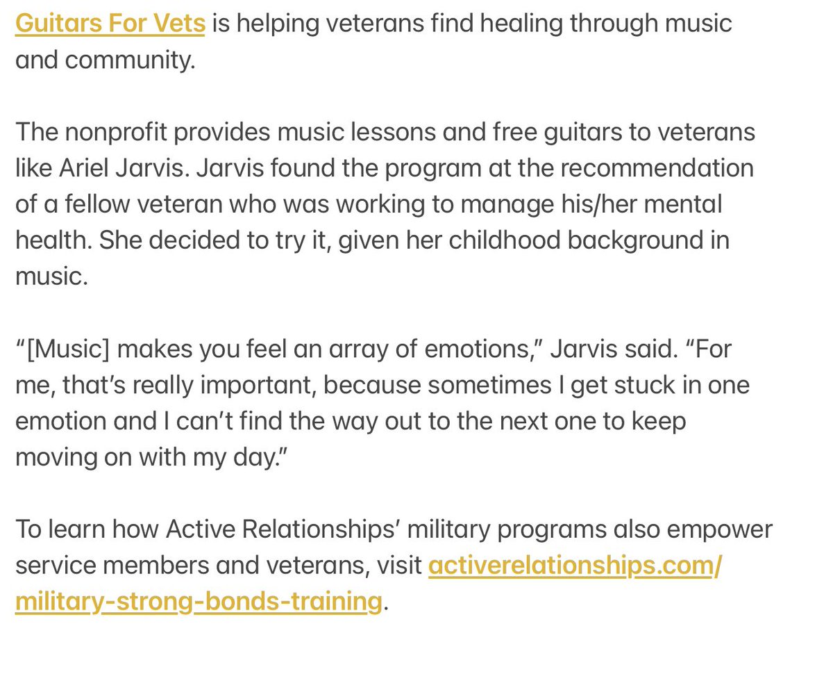 “Music as meditation: Guitars for Vets provides outlet, peace” tinyurl.com/ARCarticle269

To learn how Active Relationships’ military programs also empower service members and veterans, visit activerelationships.com/military-stron….