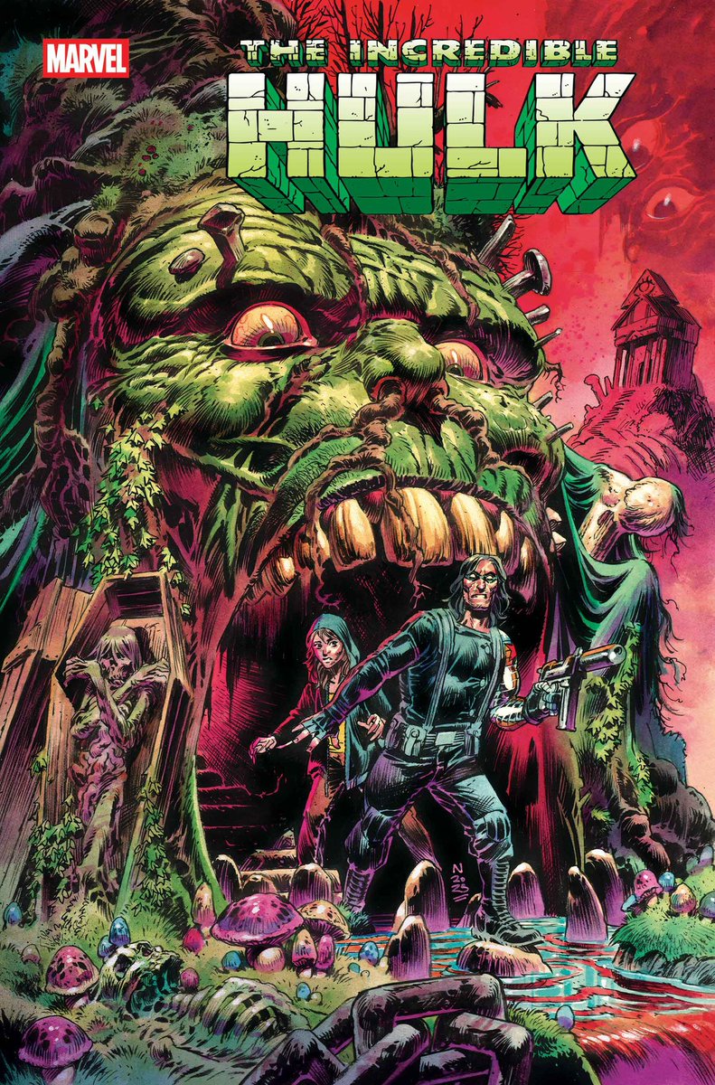 DMBlinded's tweet image. Just watched some videos on the current Incredible Hulk run and man… this shit goes HARD. Hulk’s out here brawling with WWII Ghost Rider, Man-Thing, and Werewolf by Night. The art is beautifully disturbing. Yeah, I’m diving in.