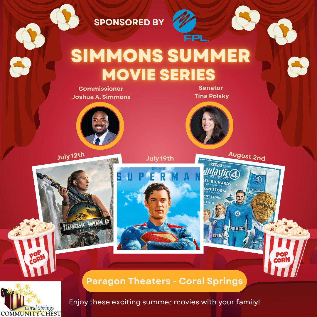 Joshua Simmons ๐บ๐ธ (@simmonsincs) on Twitter photo Calling all Coral Springs families! Get ready for the 2nd Simmons Summer Movie Series, presented by Commissioner Joshua A. Simmons and State Senator <a href="/TinaPolsky/">State Senator Tina Polsky</a>, Coral Springs Community Chest, and proudly sponsored by <a href="/insideFPL/">Florida Power & Light</a>
Head over to Paragon Theaters in Coral Springs for Calling all Coral Springs families! Get ready for the 2nd Simmons Summer Movie Series, presented by Commissioner Joshua A. Simmons and State Senator <a href="/TinaPolsky/">State Senator Tina Polsky</a>, Coral Springs Community Chest, and proudly sponsored by <a href="/insideFPL/">Florida Power & Light</a>
Head over to Paragon Theaters in Coral Springs for