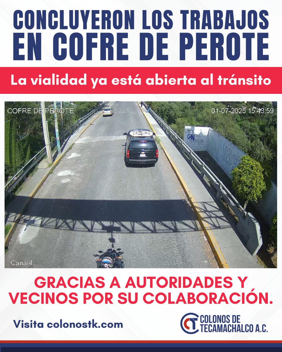 AsociaciónColonosTK (@colonostk) on Twitter photo ✅ ¡Gracias, <a href="/AlcaldiaMHmx/">Alcaldía Miguel Hidalgo</a>!
Concluyeron los trabajos en Cofre de Perote, límite con Tecamachalco.
La vialidad ya está abierta al tránsito 🚗
Gracias a autoridades y vecinos por su colaboración.
#ColonosDeTecamachalco #MiguelHidalgo #CofreDePerote ✅ ¡Gracias, <a href="/AlcaldiaMHmx/">Alcaldía Miguel Hidalgo</a>!
Concluyeron los trabajos en Cofre de Perote, límite con Tecamachalco.
La vialidad ya está abierta al tránsito 🚗
Gracias a autoridades y vecinos por su colaboración.
#ColonosDeTecamachalco #MiguelHidalgo #CofreDePerote