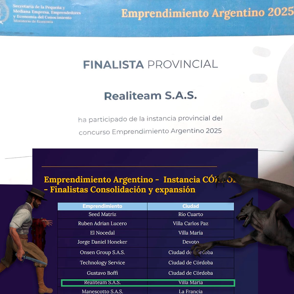 🎮 Gauchos Inmortales fue finalista provincial en #EmprendimientoArgentino2025 🇦🇷
No llegamos a la final nacional, pero ya es un orgullo haber compartido esta experiencia con tantos proyectos increíbles.
Gracias a quienes nos apoyaron. ¡Seguimos adelante!
#indiegame #indiedev