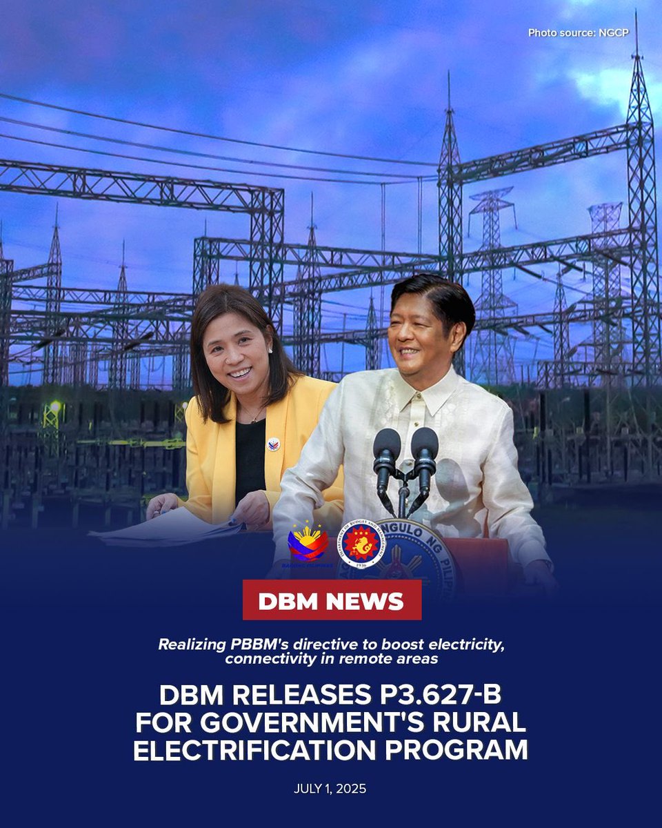 #DBMNews: To achieve PBBM's goal of reaching total electrification by the end of his term, the DBM approved the release of over Php 3.627 billion to support the implementation of the Strategized Rural Electrification and Operational Reliability for Electric Cooperatives for 2025.