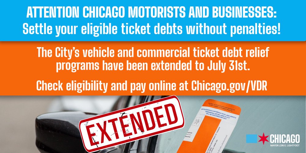 ChicagoDOF's tweet image. The City of Chicago’s Vehicle and Commercial Ticket Debt Relief Program has been EXTENDED through July 31st! 🙌🏼Join thousands of Chicago motorists who have already saved over $12.7 million💰. 

Visit: 🔗 Chicago.gov/VDR to check eligibility and make your payment today!
