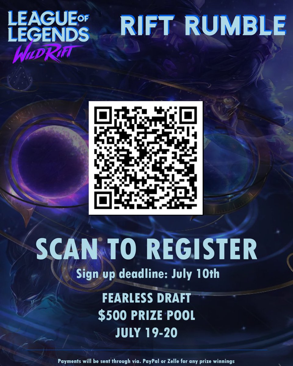 My team and I will be participating! 

Join this $500 #wildrift tournament quickly before it's too late!

Registration website: play.toornament.com/en_US/tourname…

Rules: docs.google.com/document/d/14D…

Twitch: twitch.tv/wildriftrumble

Discord: discord.com/invite/cx5NcTt…