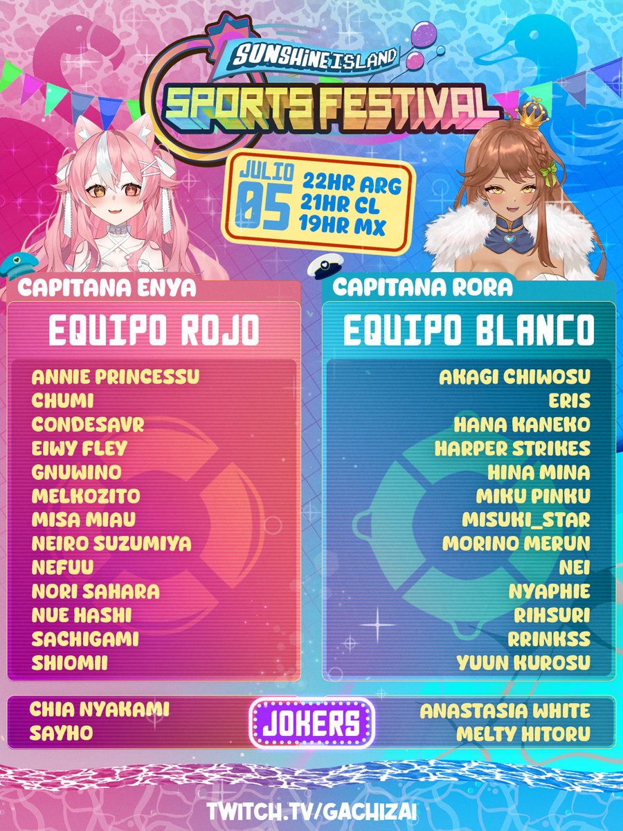 Gachi-Zai (@gachizai) on Twitter photo 👾𝗦𝘂𝗻𝘀𝗵𝗶𝗻𝗲 𝗜𝘀𝗹𝗮𝗻𝗱 𝟮 🌴
¡Dos grandes equipos se enfrentarán este sabado en el festival de deportes de #SunshineIsland!✨
🔴Lider del equipo rojo: <a href="/enyayoruneko/">❥ Enya Yoruneko 🎀💀 夜猫エニャ</a>
⚪Lider del equipo blanco: <a href="/RoraAtf/">ôヮô Rora 🌽 NEW MV OUT!!</a>
👾Miralo en: twitch.tv/gachizai
¿A quíen vas a alentar? 🎊 👾𝗦𝘂𝗻𝘀𝗵𝗶𝗻𝗲 𝗜𝘀𝗹𝗮𝗻𝗱 𝟮 🌴
¡Dos grandes equipos se enfrentarán este sabado en el festival de deportes de #SunshineIsland!✨
🔴Lider del equipo rojo: <a href="/enyayoruneko/">❥ Enya Yoruneko 🎀💀 夜猫エニャ</a>
⚪Lider del equipo blanco: <a href="/RoraAtf/">ôヮô Rora 🌽 NEW MV OUT!!</a>
👾Miralo en: twitch.tv/gachizai
¿A quíen vas a alentar? 🎊