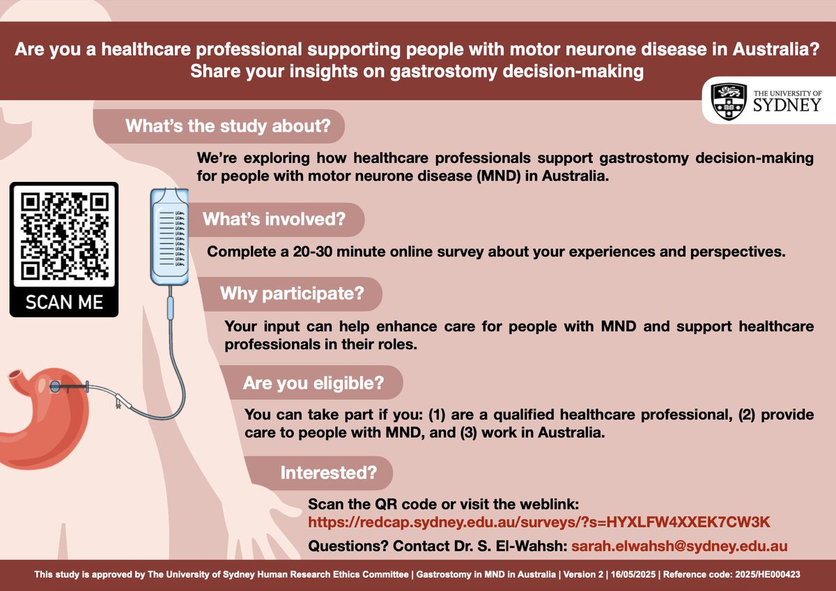 Are you a healthcare professional in Australia working with people with #MotorNeuronDisease? We want to hear from you! Take a 20-30 min survey on experiences supporting #gastrostomy decision-making. $1 donated to <a href="/mndaustralia/">MND Australia</a>  for every completed survey: redcap.sydney.edu.au/surveys/?s=HYX…