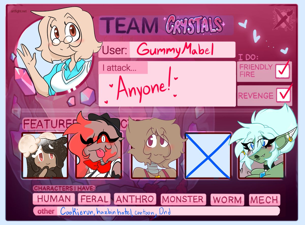 JOINING ARTFIGHT! 
TEAM CRYSTALS!

artfight.net/~GummyMabel
#myart #myocs #artfight2025 #TEAMCRYSTALS #artist