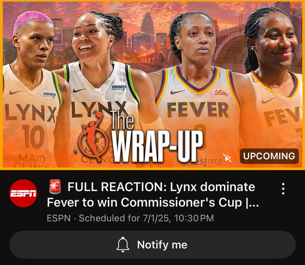 ESPN already have a video premiere scheduled titled “Lynx dominate Fever to win Comissioner’s Cup”

Fever lead by 12 currently 😬
