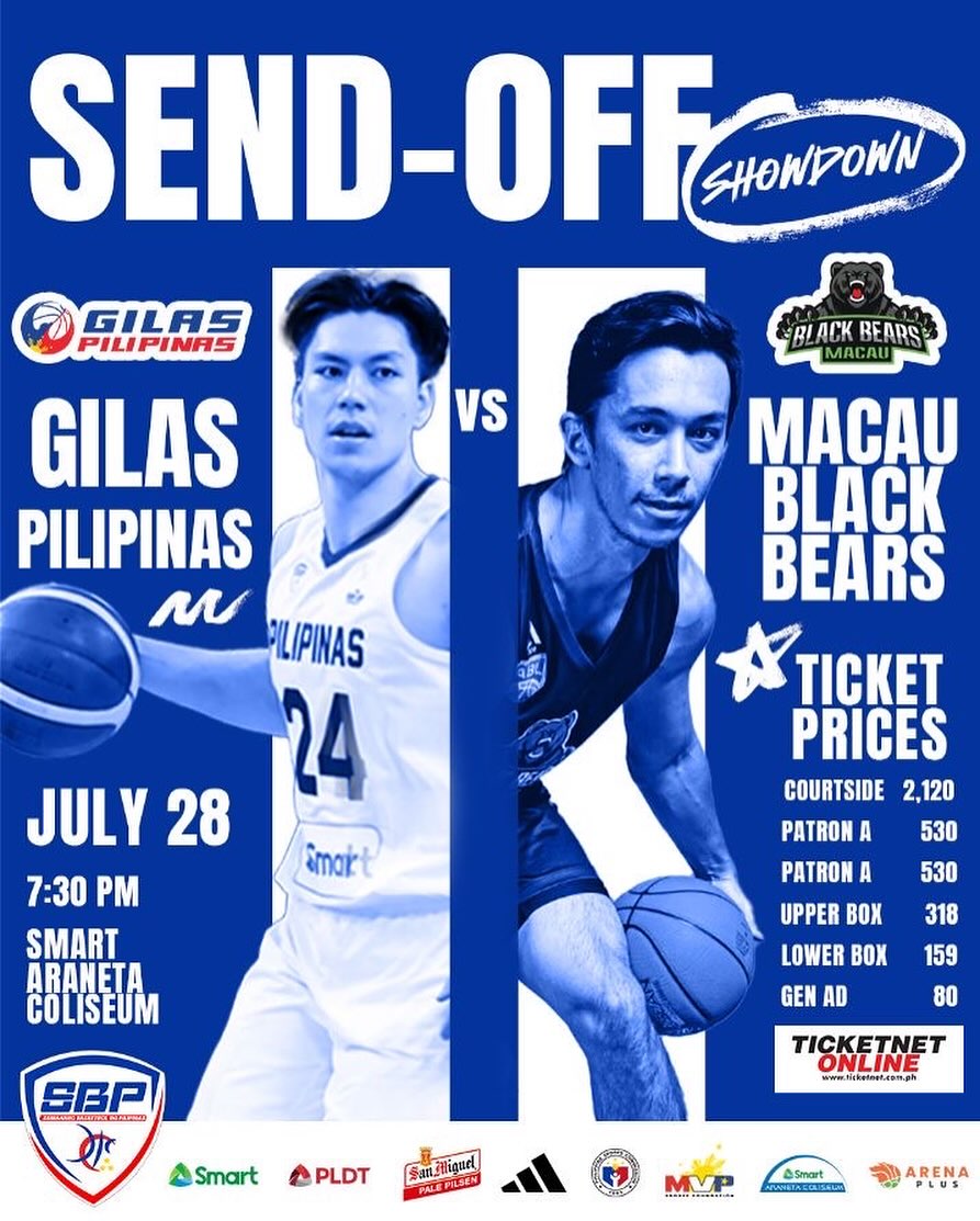 Gilas Pilipinas vs Macau Black Bears on July 28 at the Smart Araneta Coliseum.

Tickets available now at Ticketnet Outlets!