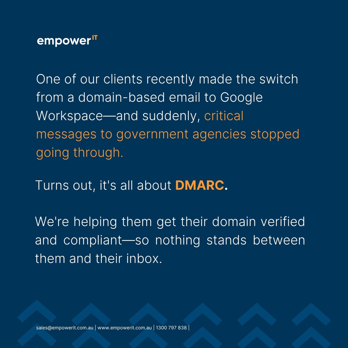 EmpowerITS's tweet photo. Switched to Google Workspace and emails stopped sending?
It could be DMARC.

✅ Make sure your emails reach the right inbox. Send us a DM now

#EmailSecurity #GoogleWorkspace #DMARC #ManagedIT https://t.co/WQEfpkMWP9