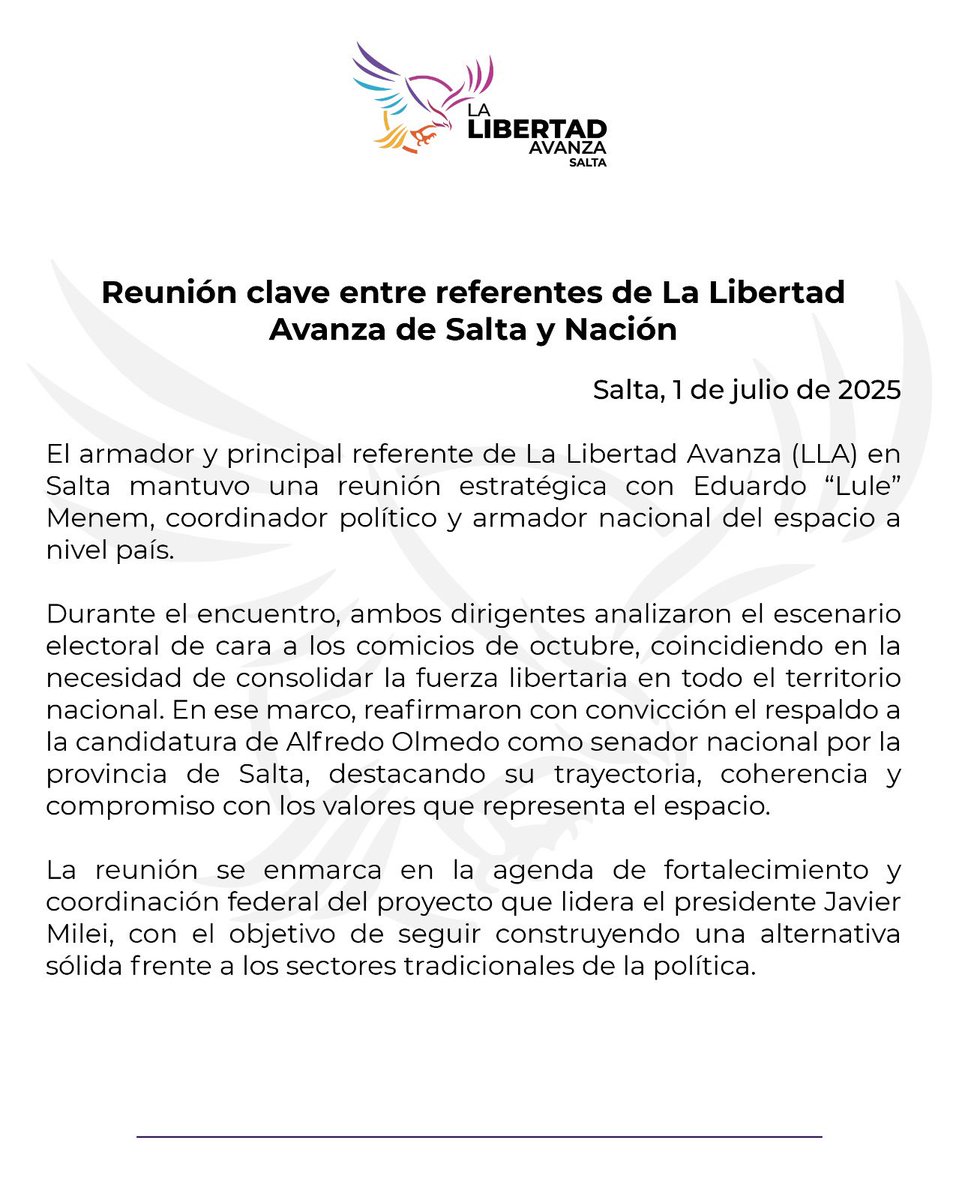 📣  Reunión clave entre referentes de LLA Salta y Nación

El referente de La Libertad Avanza en Salta, Alfredo Olmedo, se reunió con Eduardo “Lule” Menem, armador nacional del espacio, para coordinar estrategias de cara a Octubre.
