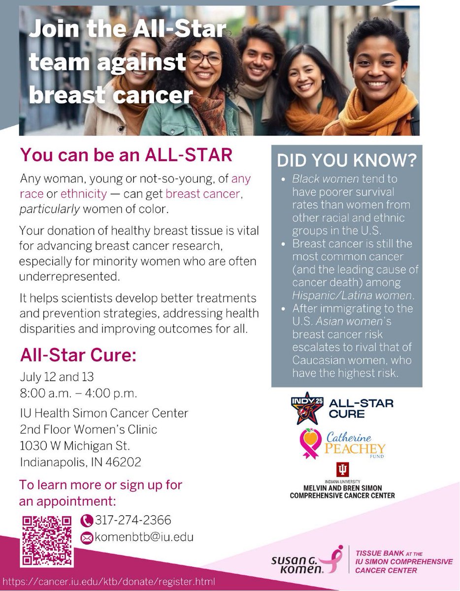 Catchin24's tweet image. I joined @KomenTissueBank to donate breast tissue for the #AllStarCure — now it’s YOUR turn! 💪🏽
Join me July 12–13 @IUSimonCancer to help fight breast cancer and improve outcomes for women of color. 💖
Let’s do this!! @PacersSportsEnt ➡️ AllStarCure.org