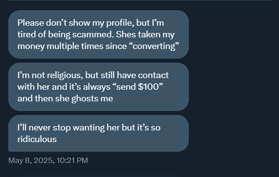 ThatMistress_B's tweet photo. May 8th I received this message from a random account. She is still active in the porn industry.
You must realize Bree Solstad's client's kink is shame. Them sending money and the women ignoring them is the entire point of the pornography.

Proof below https://t.co/sZFjmp2Rei