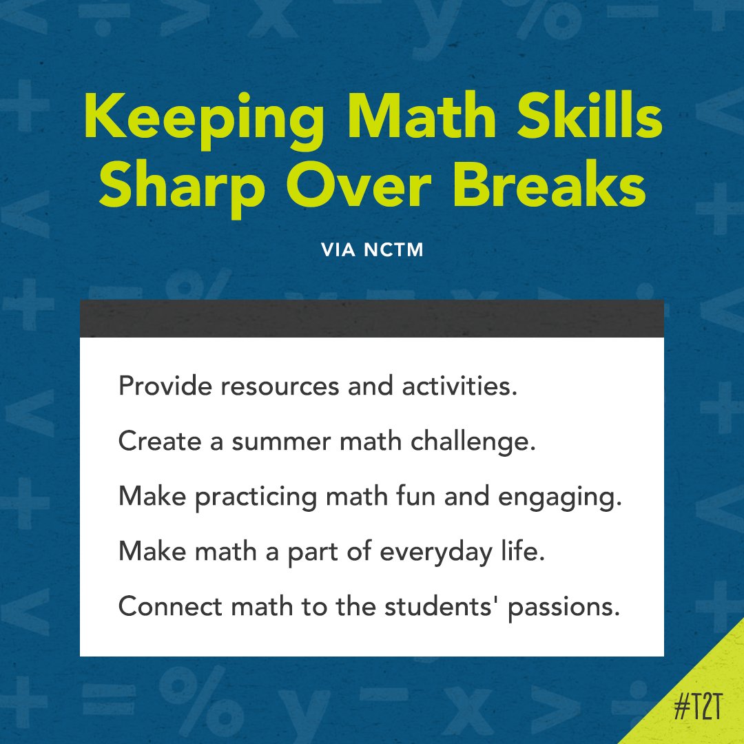 ☀️ Just because it's summer, doesn't mean the learning has to stop!

<a href="/NCTM/">NCTM</a> offers these tips to keep math brains moving – for you and your Ss!

nctm.org/Conferences-an…

#ITeachMath