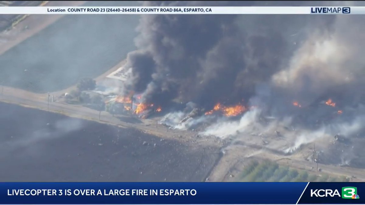 ucdvolkie's tweet photo. A fireworks facility is on fire near Esparto in Yolo County.

Explosions have been nearly continuous as individual fireworks continue to ignite. Photos taken from @kcranews live feed. #OakdaleFire https://t.co/TCCYuLUGdo